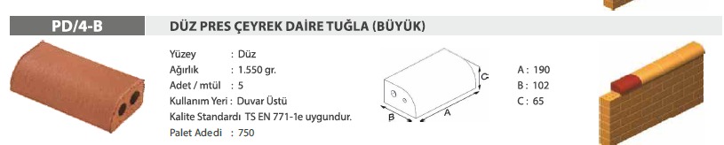 PD/4-B Düz pres çeyrek daire tuğla (büyük) - Görsel 2