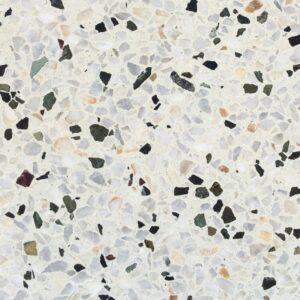 Beyaz zeminli zemine serilmiş gri ve beyaz terrazzo karolar