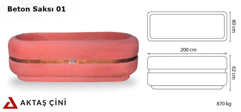 200x80x62 cm boyutlarında, canlı kırmızı renkte, üzerinde bakır kuşak bulunan Aktaş Büyük Oval Beton Saksı. Yanında boyutlarını gösteren bir teknik çizim ile sunulmuştur.