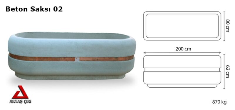 200x80x62 cm boyutlarında, doğal gri renkte Aktaş Büyük Oval Beton Saksı. İçinde yeşil ve sarı yapraklı bitkilerle, dış mekanda kaldırımlı bir alanda kullanılmış hali.