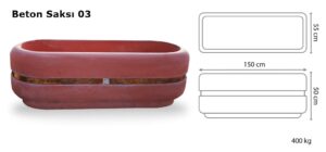 150x50x55 cm boyutlarında, canlı kırmızı renkte, üzerinde bakır kuşak bulunan Aktaş Oval Beton Saksı. Yanında boyutlarını gösteren bir teknik çizim ile sunulmuştur.