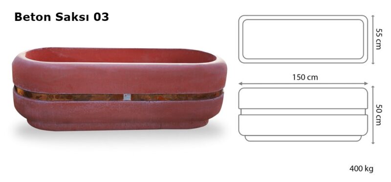 150x50x55 cm boyutlarında, canlı kırmızı renkte, üzerinde bakır kuşak bulunan Aktaş Oval Beton Saksı. Yanında boyutlarını gösteren bir teknik çizim ile sunulmuştur.