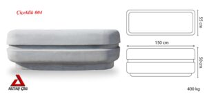 150x50x55 cm boyutlarında, doğal gri renkte oval beton saksı. Üzerinde bakır kuşak detayı ve Aktaş logosu bulunmaktadır. Yanında saksının ölçülerini gösteren teknik çizim yer almaktadır.