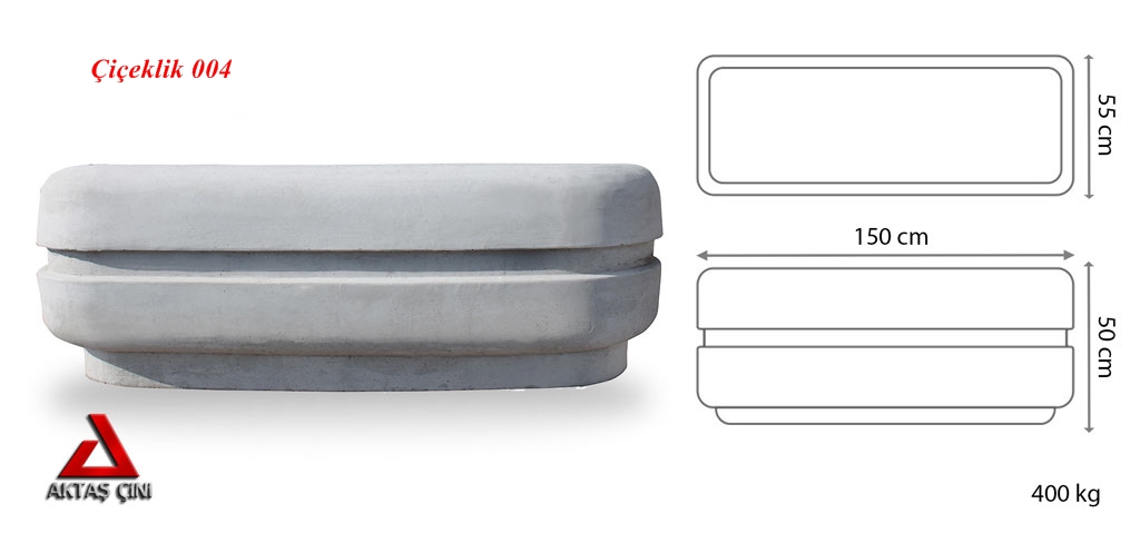 150x50x55 cm boyutlarında, doğal gri renkte oval beton saksı. Üzerinde bakır kuşak detayı ve Aktaş logosu bulunmaktadır. Yanında saksının ölçülerini gösteren teknik çizim yer almaktadır.