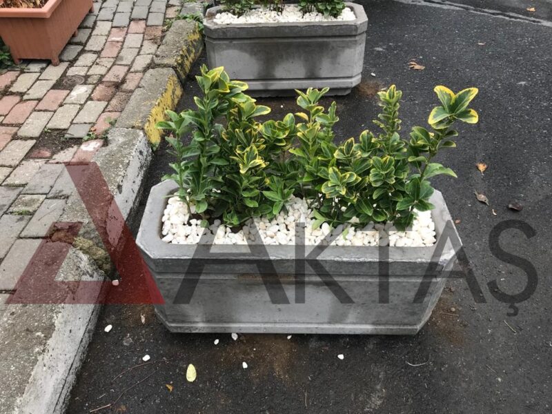80x30x40 cm boyutlarında, üzerinde Aktaş logosu bulunan doğal gri renkte dikdörtgen beton saksı. İçinde kırmızı yapraklı bitkiler ve beyaz taşlar ile dış mekanda kullanılmış hali.