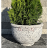 Yuvarlak-Mozaikli-Beyaz-Saksi-60x60x40-Aktaş 60x60x44 cm boyutlarında, üzerinde Aktaş logosu bulunan beyaz mozaik dokulu yuvarlak beton saksı. İçinde gür yeşil bir bitki ile dış mekanda kullanılmış hali.