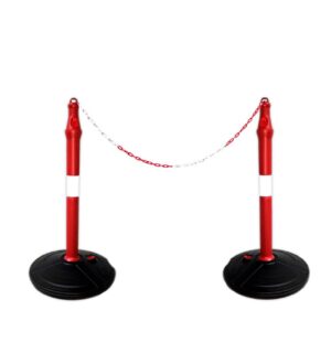 2 adet kırmızı beyaz şeritli plastik bariyer duba, 2 metre zincir ile bağlanmış şerit ayırıcı set.