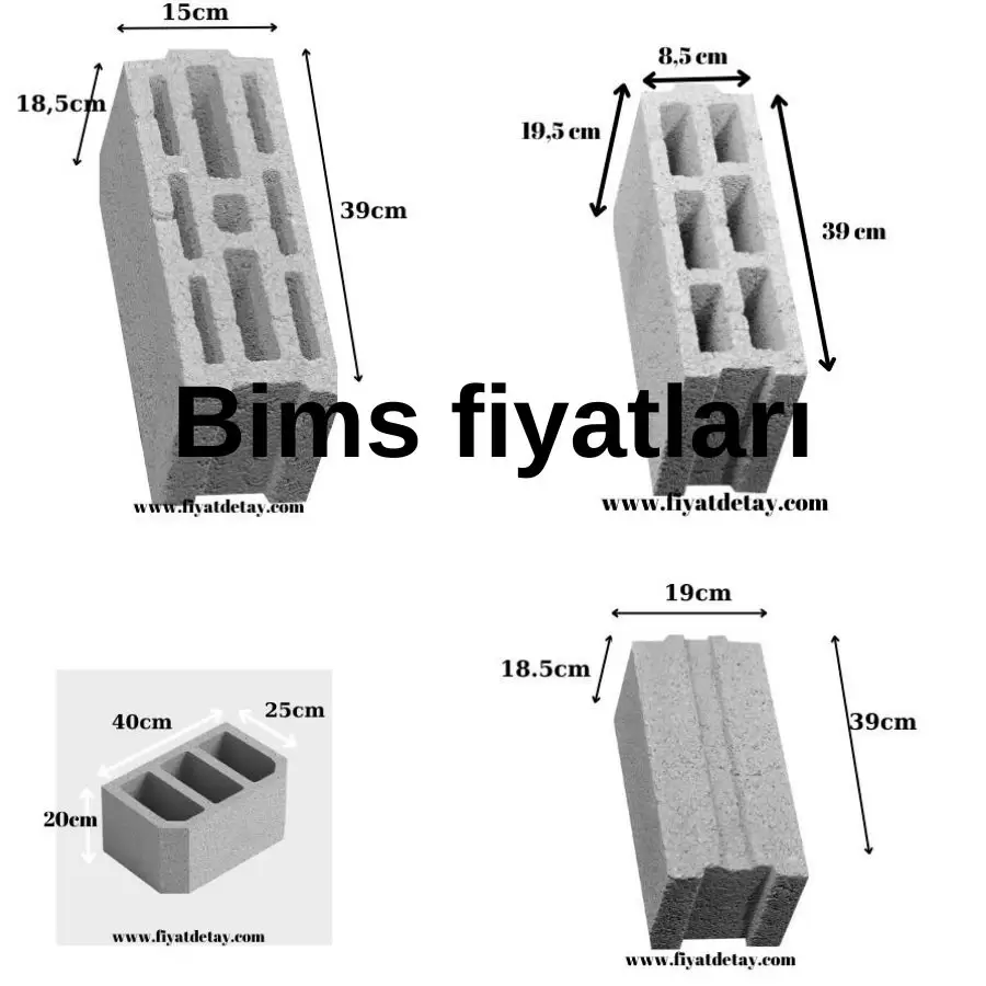 20'lik bims ölçülerini ve farklı bims tiplerini gösteren teknik çizim.