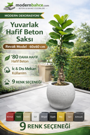 Yuvarlak Hafif Beton Saksı – Revak Model – 60x60 cm