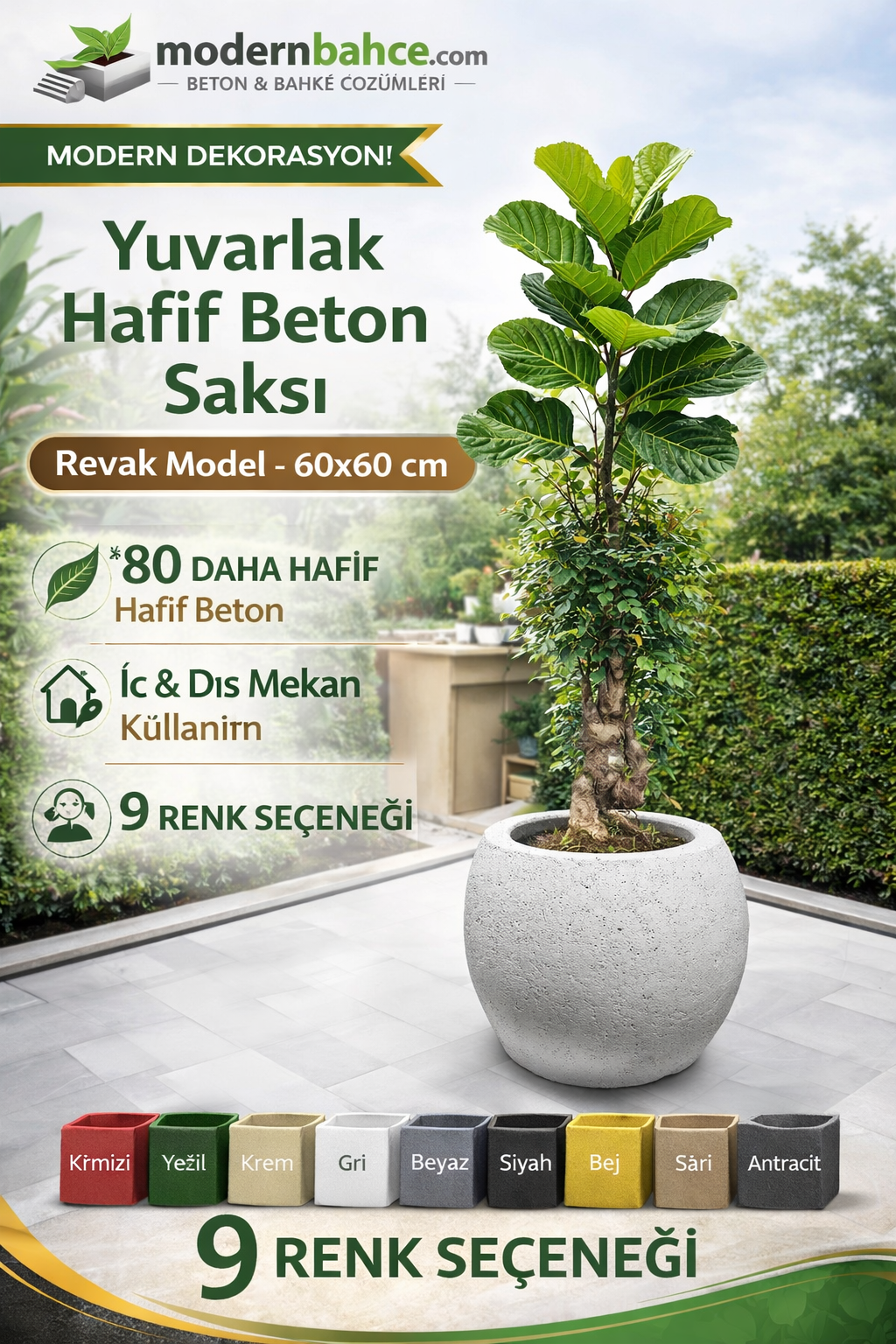 Yuvarlak Hafif Beton Saksı – Revak Model – 60x60 cm