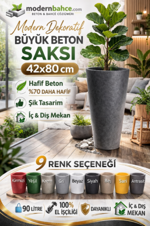 Modern Dekoratif Büyük Beton Saksı 42x80 cm – İç & Dış Mekan Peyzaj Saksısı