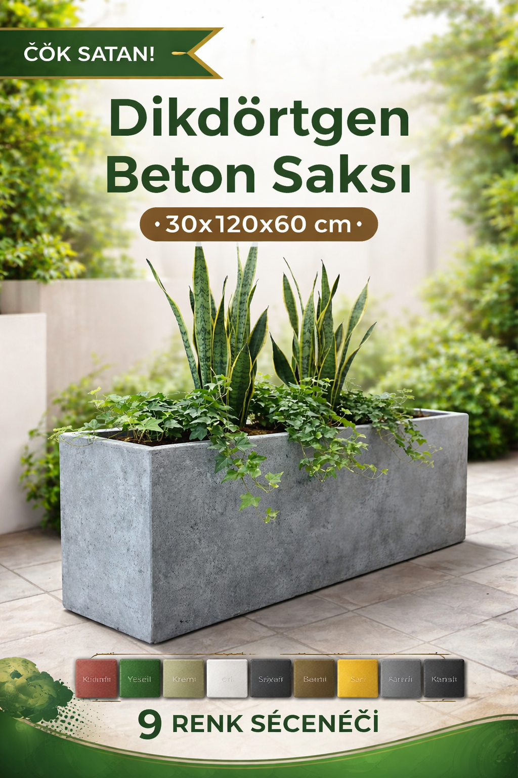 Modern Dikdörtgen Beton Saksı 30x120x60 cm – Büyük Bahçe Saksısı