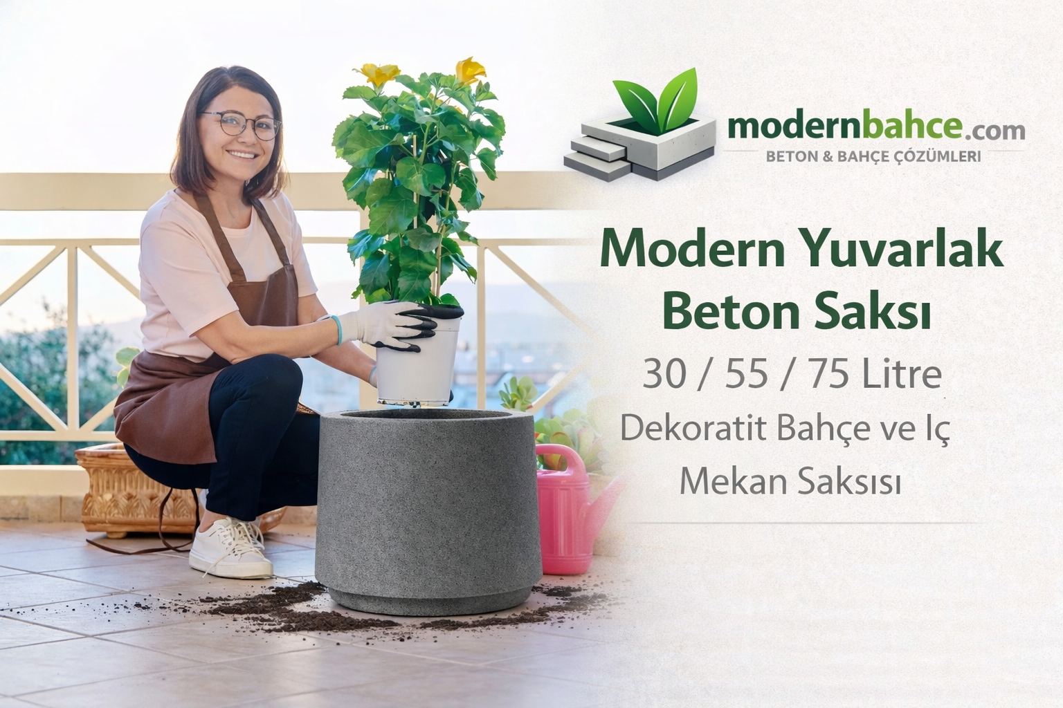 Modern Yuvarlak Beton Saksı – 30-75 Litre Dekoratif Bahçe Saksısı